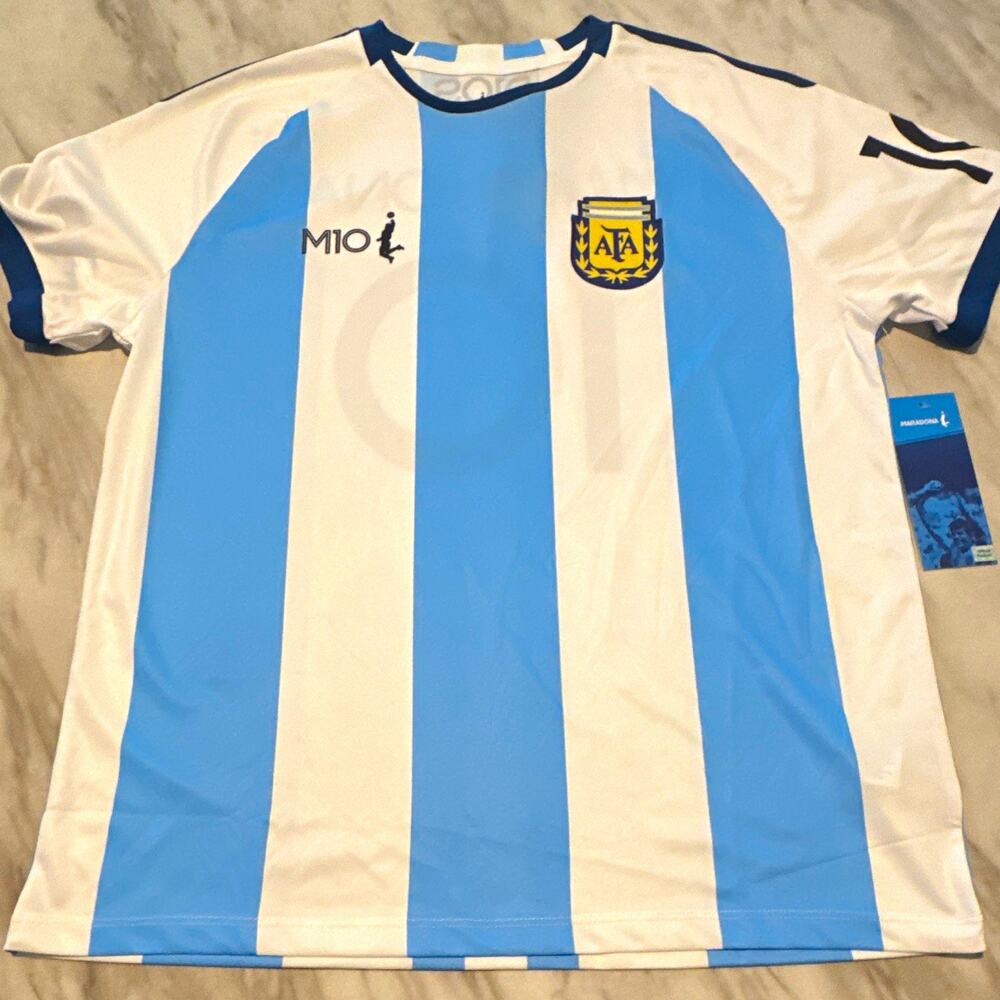 Maradona Argentina Soccer Jersey White/Blue Stripes #10 Diego Maradona Size L/G